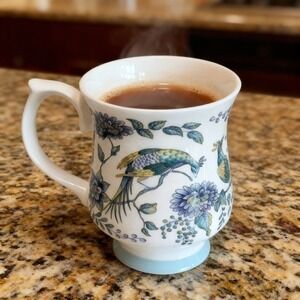 Queen's Fine Bone China Tea Cup, Peacock Parade, Blue Design, 8 Oz, 3.5"